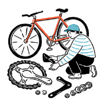 自転車と部品を点検する作業員のイラスト