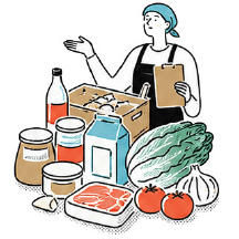 調味料や野菜などの食品と、在庫を確認するスタッフのイラスト