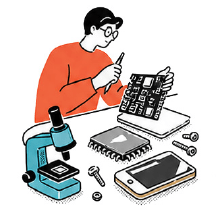 顕微鏡や電子基板などの精密機器を扱う作業員のイラスト