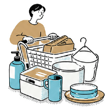 食器や収納用品などの生活雑貨とカートを押す女性のイラスト