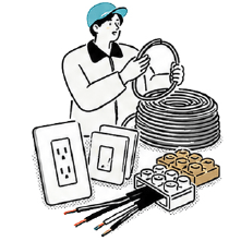 電線やコンセントなどの電材パーツを扱う作業員のイラスト
