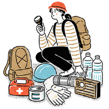懐中電灯や救急箱などの防災グッズを確認する女性のイラスト