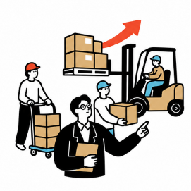 フォークリフトや台車で荷物を運ぶ現場を指揮するコンサルタントのイラスト