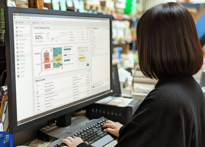物流情報システムによる一元管理。WMS（倉庫管理システム）を活用し、在庫状況や配送ルートをリアルタイムで可視化・最適化する運用の様子